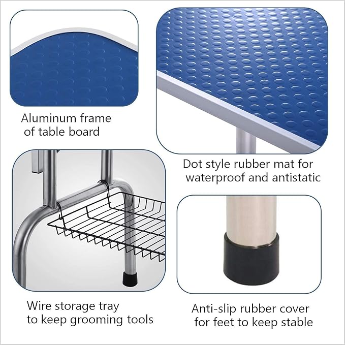 Large Dog Pet Grooming Table, Professional Adjustable Cat Drying Table, Foldable Trimming Station with Arms, Nooses, Mesh Tray, Maximum Capacity Up to 330lbs, 36''/Blue