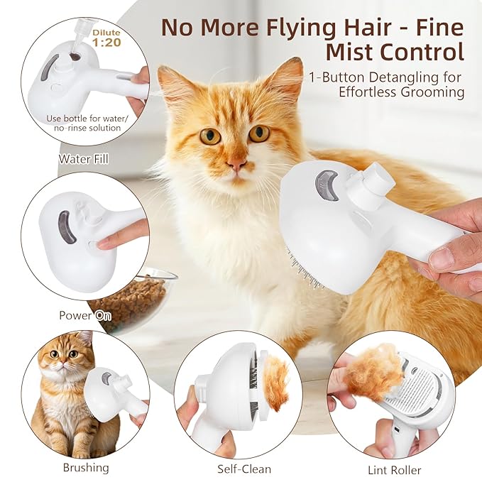 Cat Steam Brush for Shedding & Grooming - 3 in 1 Pet Brush with Waterless Shampoo, Spray Hair Removal Comb & Reusable Lint Roller for Dogs and Long Short Haired Cats, Release Button LKLZXUAN