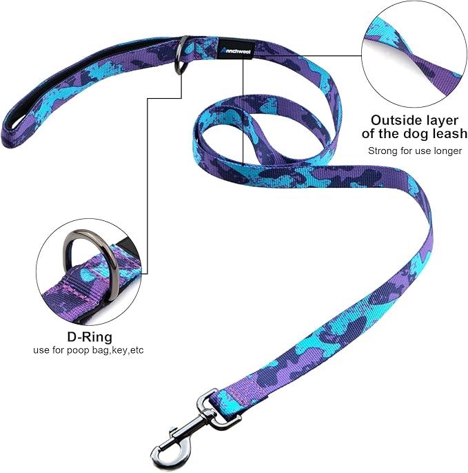 Annchwool No Pull Dog Harness with Padded Handle+5 Ft Leash,Escape Proof and Quick Fit to Adjust Dog Harness,Easy for Training Walking for Small & Medium and Large Dogs(Camo Purple Set,M)