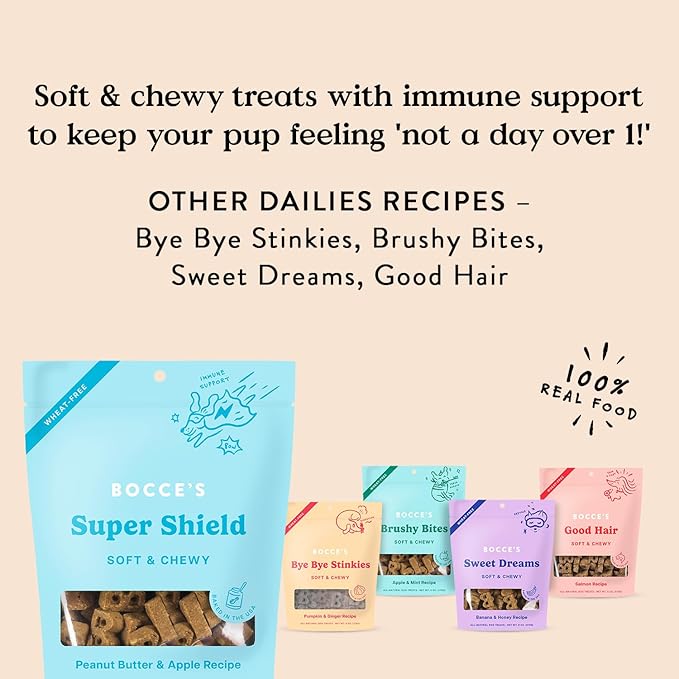 Bocce's Bakery Dailies Super Shield Dog Treats for Immune Support, Wheat-Free Dog Treats, Made with Real Ingredients, Baked in The USA, All-Natural Soft & Chewy, Peanut Butter & Apple, 6 oz