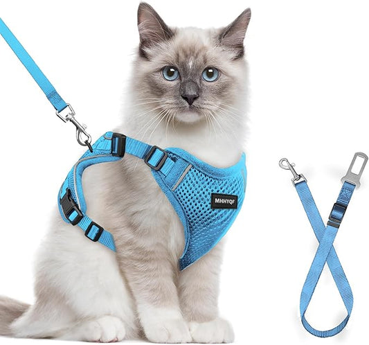 Cat Harness and Leash Set for Walking Escape Proof, Improved Four Place Adjustable Cat Car Harness, Soft Kittens Vest with Reflective Strip for Cats, Comfortable Outdoor Vest, Blue, XS