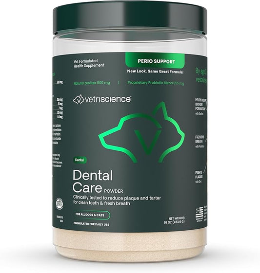 VetriScience Dental Care Powder - Dental Supplement Powder for Dogs & Cats - Supports Breath Freshening - Healthy Teeth & Gums - Easy-to-Use Oral Hygiene for Pets - 16 oz