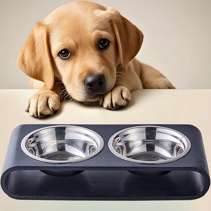 Black Marble Elevated Dog Bowls Set - 2 Thick 6" Stainless Steel Puppy Food Bowl with Non-Slip Raised Holder Stand, Double Feeding Bowls for Food and Water, Suitable for Cats and Small Medium Pet