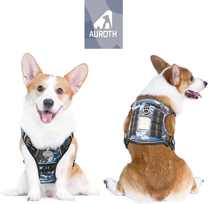 Auroth Tactical Dog Training Harness No Pulling Front Clip Leash Adhesion Reflective K9 Pet Working Vest Easy Control for Small Medium Large Dogs Blue Camo M