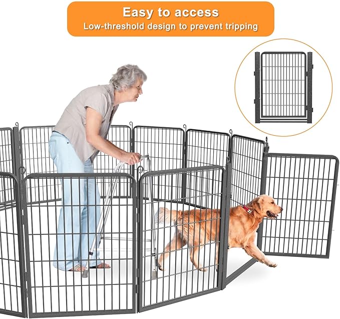 Dog Playpen with Low Threshold Gate, 32 inch 14 Panels Dog Fence, Heavy Duty Metal Puppy Exercise Dog Pen, Rust-Resistant Outdoor Pet Fence for Yard RV Camping