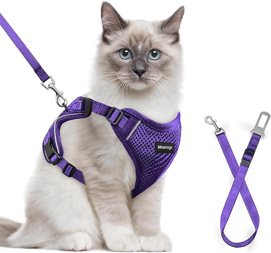 Cat Harness and Leash Set for Walking Escape Proof, Improved Four Place Adjustable Cat Car Harness, Soft Kittens Vest with Reflective Strip for Cats, Comfortable Outdoor Vest, Purple, XS