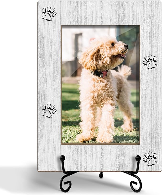 Pet Picture Frame, Paw Print Photo Frame for Dog Cat, Gifts for Pet Lover Pet Owner Wooden Picture Frame, 4"x6" Photo Frame for Tabletop Display, Home Office Desk Decor Shelf Display/XK59