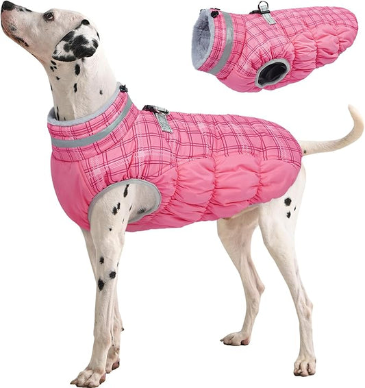 FUAMEY Dog Coat for Large Dogs,Waterproof Dog Winter Jacket with Harness Built in Puppy Cold Weather Coats Reflective Pet Vest with Zipper Warm Fleece Dogs Snowsuit Windproof Rose Plaid L