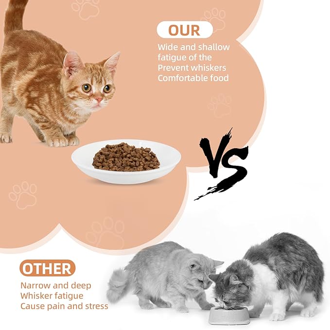 6 Pack Cat Food Bowl, Ceramic Cat Bowls, Anti Whisker Fatigue Cats Bowl Set,5.5 Inches Shallow Wide Kitten Plates for Food and Water (Cat's Paw Style)