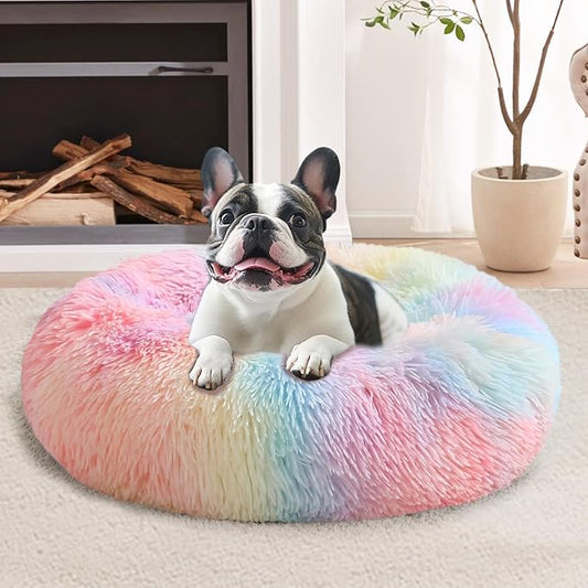JOLLYVOGUE Calming Dog & Cat Bed for Small Dogs, Anti-Anxiety Donut Cuddler Cozy Soft Round Bed with Anti-Slip Bottom, Fluffy Faux Fur Plush Cushion Beds for Small Medium Dogs, 23"/Rainbow