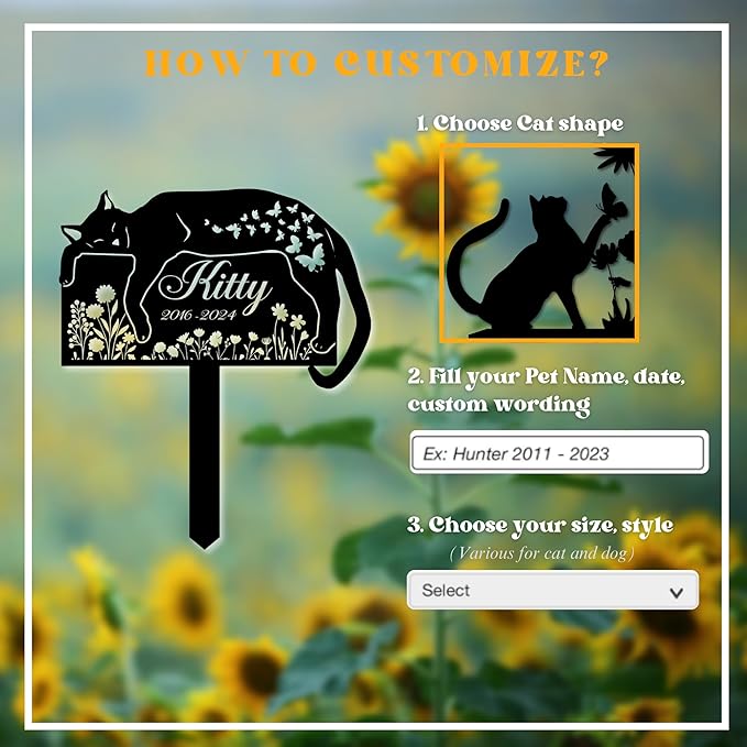 Personalized Cat Grave Marker – Custom Outdoor Pet Memorial Stone with Name and Years, Cat Headstones for Backyard or Pet Cemetery, Pets Grave Markers