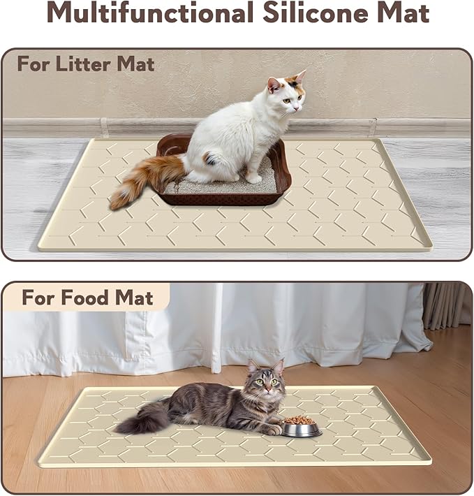 Silicone Cat Litter Trapping Mat, Large Waterproof 34" X 22" Cat Litter Box Mat, Easy to Clean, Beige