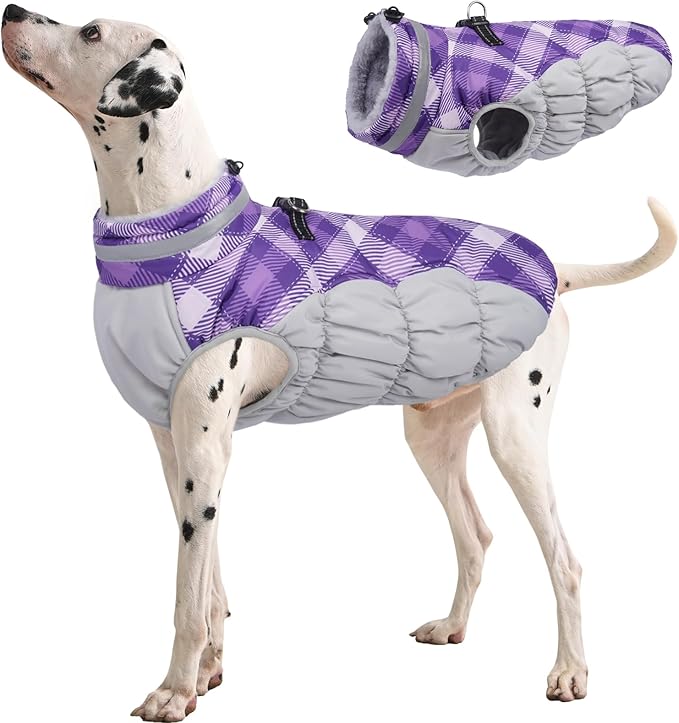FUAMEY Dog Coat for Large Dogs,Waterproof Dog Winter Jacket with Harness Built in Puppy Cold Weather Coats Reflective Pet Vest with Zipper Warm Fleece Dogs Snowsuit Windproof Purple Plaid XL