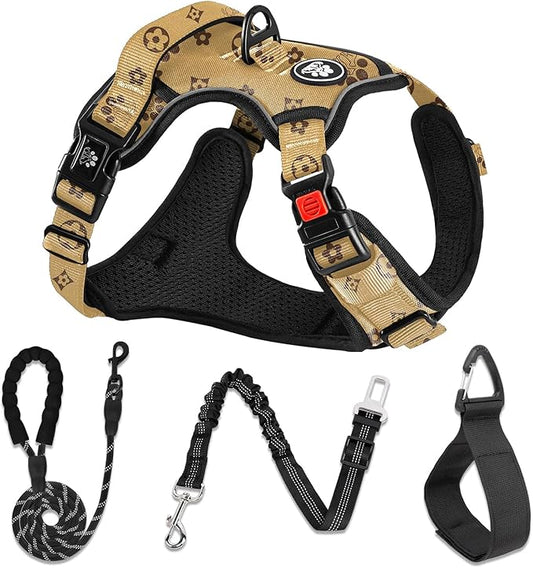 NESTROAD No Pull Dog Harness,Adjustable Oxford Dog Vest Harness with Leash,Reflective No-Choke Pet Harness with Easy Control Soft Handle for Large Dogs(Large,Light Brown)