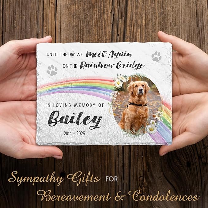 Rainbow Bridge Dog Memorial Gifts for Loss of Dogs - Custom Slate Stone in Loving Memory of Cat, Grave Marker to Decor Bereavement, Engraved Paw Prints on Pet Lovers' Hearts