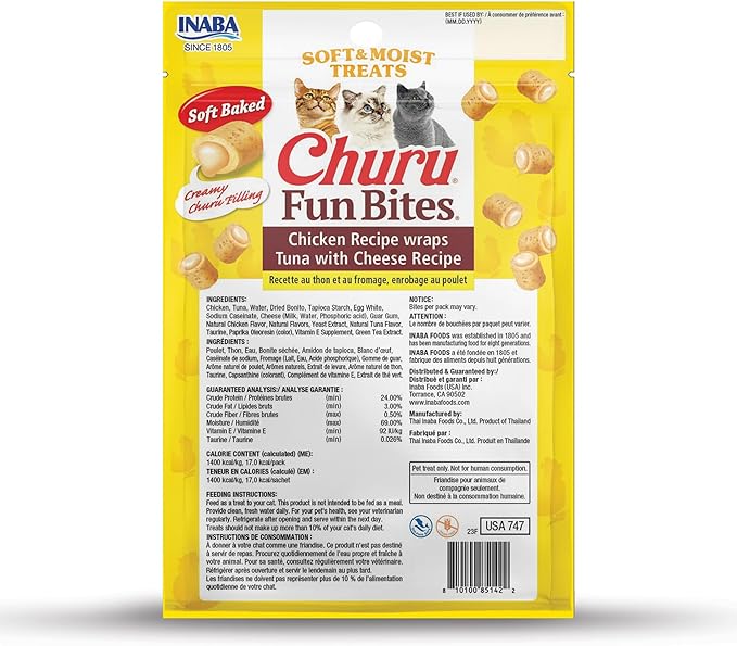 INABA Churu Fun Bites for Cats, Soft & Chewy Cat Treats with Taurine, 0.42 Ounces Each Tetra, 18 Tetras (3 per Bag), Tuna with Cheese Recipe