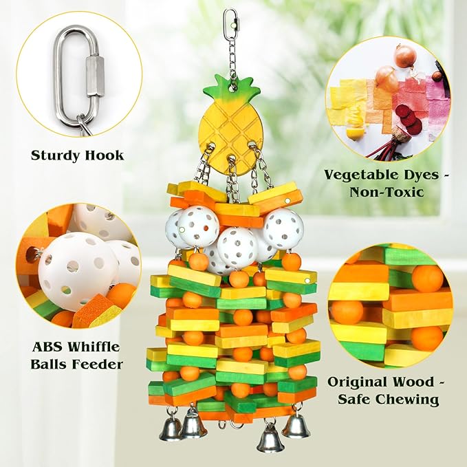 Large Wooden Bird Toys for Parrots, Cockatoos, Cockatiels, and Parakeets, Safe and Durable Shredding Cage Toy for Engaging Play Things (Pineapple)