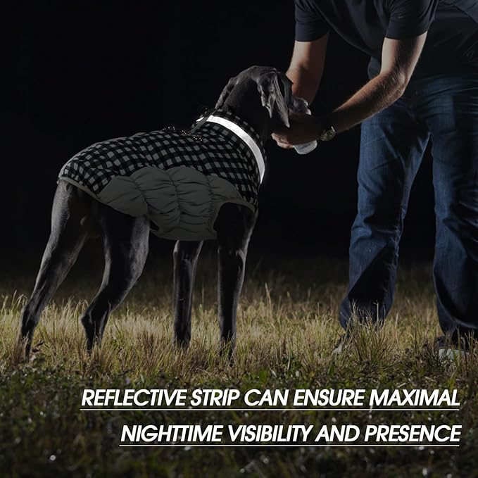 FUAMEY Dog Coat for Large Dogs,Waterproof Dog Winter Jacket with Harness Built in Puppy Cold Weather Coats Reflective Pet Vest with Zipper Warm Fleece Dogs Snowsuit Windproof Checkerboard 2XL