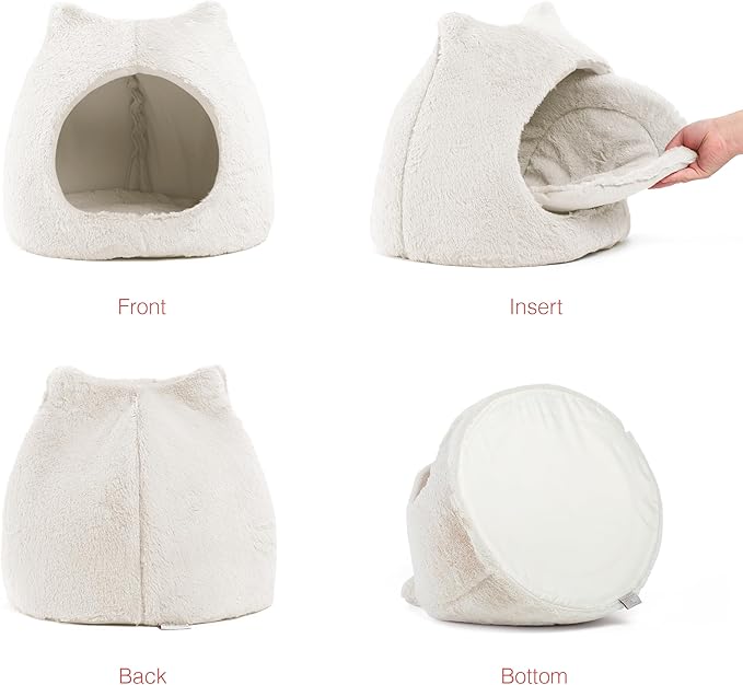 Best Friends by Sheri Meow Hut Fur Dome Pet Bed – Covered Cat Cave for Cats & Small Dogs up to 15 lbs, Faux Fur Hideaway with Water-Resistant Bottom, Machine Washable, Ivory