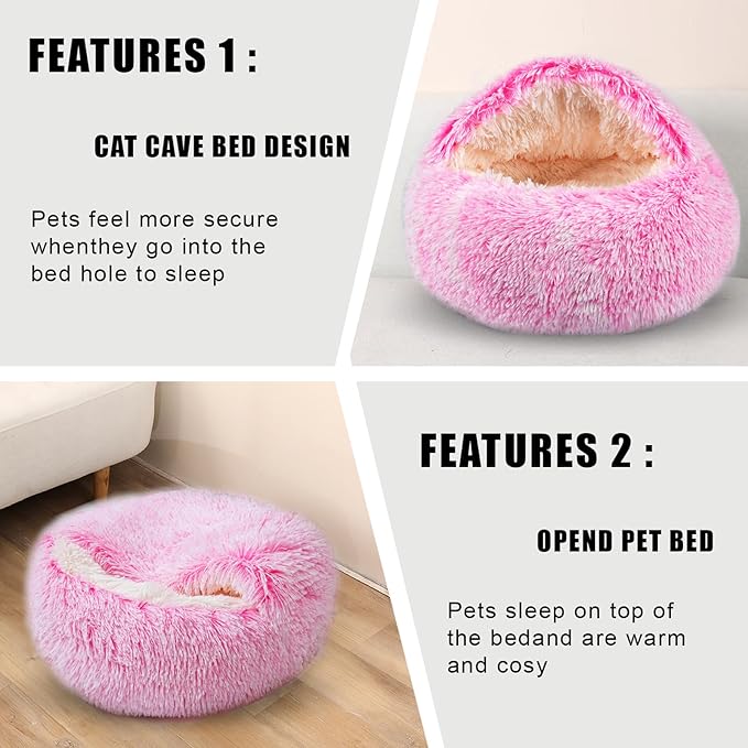 Cat Beds for Indoor Cats,Cat Cave for Puppy and Kitty,Calming Small Dog Bed for Small Dogs with Cover Cave,Cozy Warming Fluffy Washable Anti-Slip Pet Sleeping Bag(24 * 24inch,Pink)