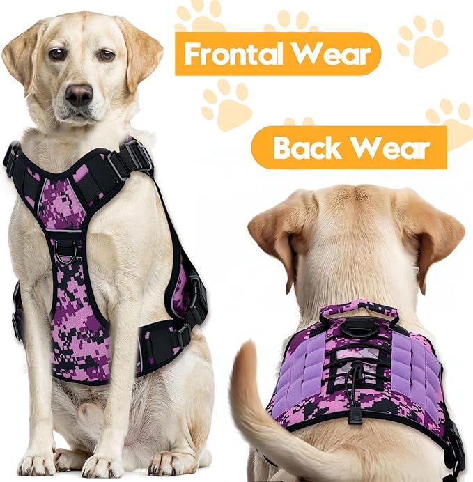 Heavy-Duty Tactical Dog Harness for Large Dogs, No Pull Adjustable Reflective Pet Vest with Molle System, K9 Military-Grade Control for Service Training, Outdoor & 10+ Breeds, Purple Camo, X-Large
