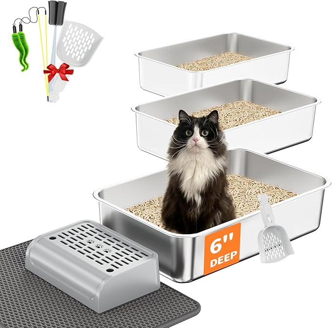 Stainless Steel Litter Box Set- [6-in-1] Large Cat Litter Box with Pedal, Mat, Scoop, Brush, Cat Wands, Non-Sticky Metal Litter Box for Cat, Kitty, Odorless, Easy Clean (23.6"x15.7"x6", 3 Pack)