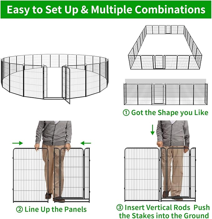 Dog Playpen Outdoor Extra Wide 24 Piece Panels Heavy Duty Dog Fence 47" Height Anti-Rust with Doors Portable for RV Camping Yard, Total 63FT, 316 Sq.ft, Snowy Black