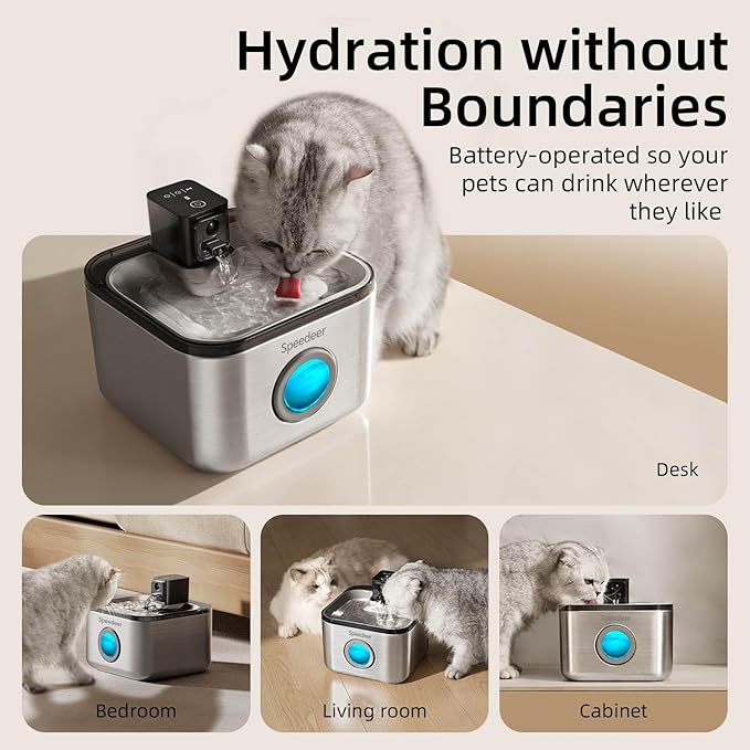 Wireless Cat Water Fountain Stainless Steel, 135oz/4L Pet Fountain Battery Operated, Cordless Running Water Dispenser for Cats & Dogs with Motion Sensor, Ultra Quiet, Multi-Filtration