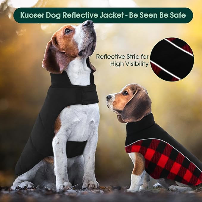 Kuoser Dog Winter Coat, Reversible Waterproof Dog Jacket with Leash Hole, Warm Dogs Fleece Vest Adjustable Doggy Cold Weather Clothes Plaid Christmas Outfit Pet Apparel for Large Dogs, RedBlack L