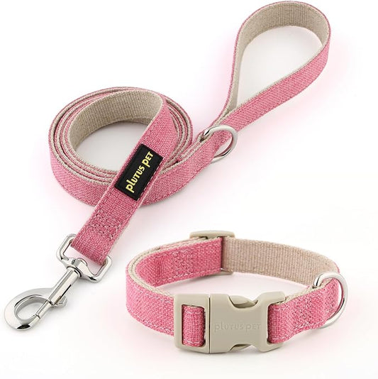 Plutus Pet Cotton Hemp Dog Collar and Leash Set, Adjustable Collar for Small, Medium, and Large Dogs, Heavy Duty and Soft on Skin, Hot Pink, L
