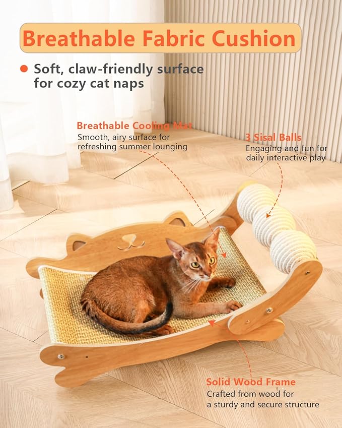 Cat Scratcher,Scratching Post,and Hammocks with Sisal Ball Toys Wooden Cat Beds & Furniture are Sturdy and Durable for All Types of Cats to Play and Relax Indoors