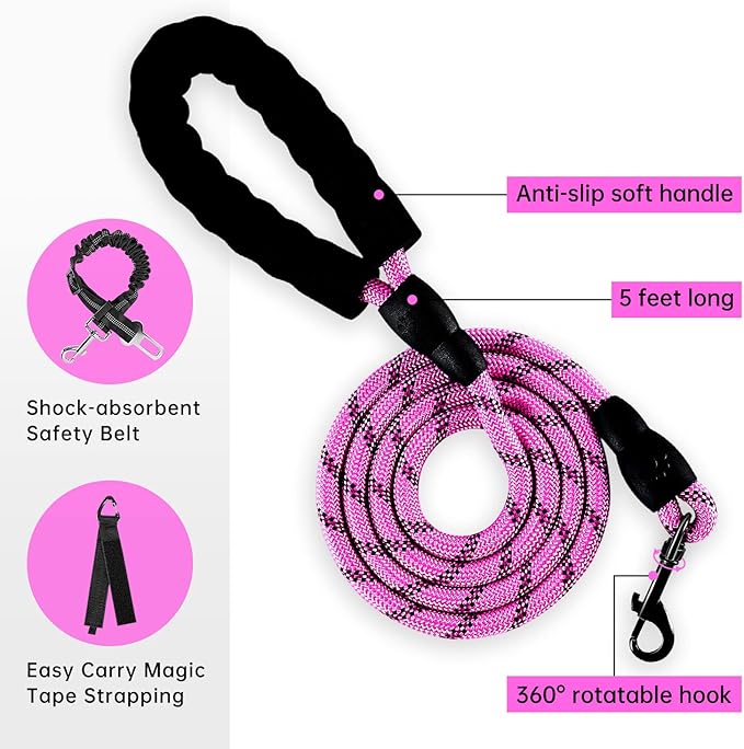 IVY&LANE No Pull Dog Harness for Large Dogs, Dog Vest Harness with Leash, Safety Belt and Storage Strap, Fully Adjustable Harness, 360° Reflective Strip, Soft Handle (Fuchsia Pink, XL)