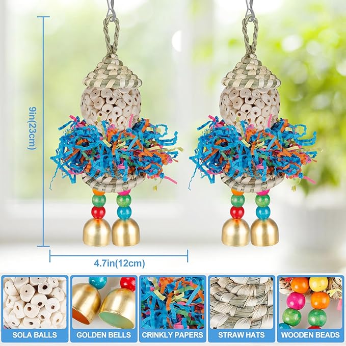 Conure Toys,2PCS Bird Toy Parrot Foraging Shredder Hanging Toys Sola Balls with Bell for Small Parrots Parakeets Cockatiel Conures Love Birds Budgie Cage Toy