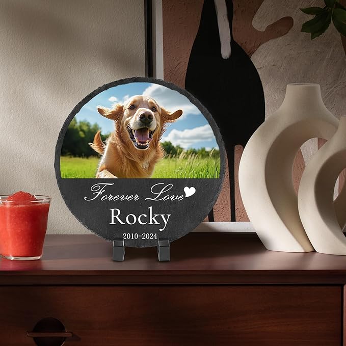 Ships Next Day Personalized Pet Memorial Stone for Loss of Dog Cat, Custom Photo Name Memory Headstone Garden Grave Marker Bereavement Sympathy Gift