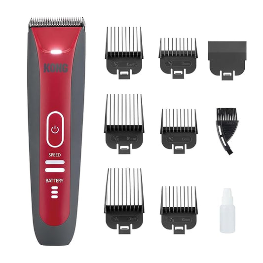 KONG 2-Speed Cordless-Corded Dog Clipper Kit – Stainless Steel Blade, Waterproof, LED Spotlight, Use-While-Charging, 6 Guide Combs, Ergonomic Handle – Red/Gray, Medium Coat Types