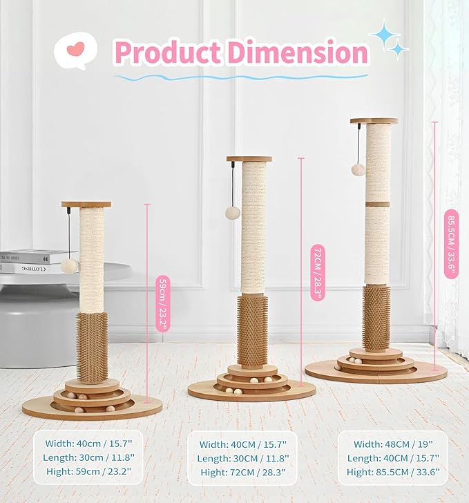 Made4Pets Cat Scratching Post Premium Sisal Cat Scratcher Kitten Toys for Indoor Kittens 28.3" Tall Cat Tower Scratch Post Cat Tree Wooden Interactive Ball Track Cat Toy with Hanging Ball, Beige