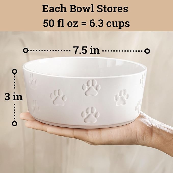 Ceramic Dog Bowl Set of 2 with Anti-Skid Base - 7.5" Wide x 3" Tall Ceramic Dog Bowls for Large Dogs - 6 Cup Capacity Food and Water Bowls for Dogs - Rubber Bottom Pet Bowl Set of 2 for Large Pets