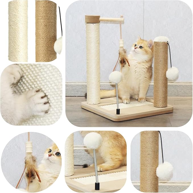 PAWSFANS Small Cat Scratching Post Toys,Sisal Jute 2 Scratch Posts for Kittens and Cats,Hanging Ball with Feather Spring Ball 16inches Beige