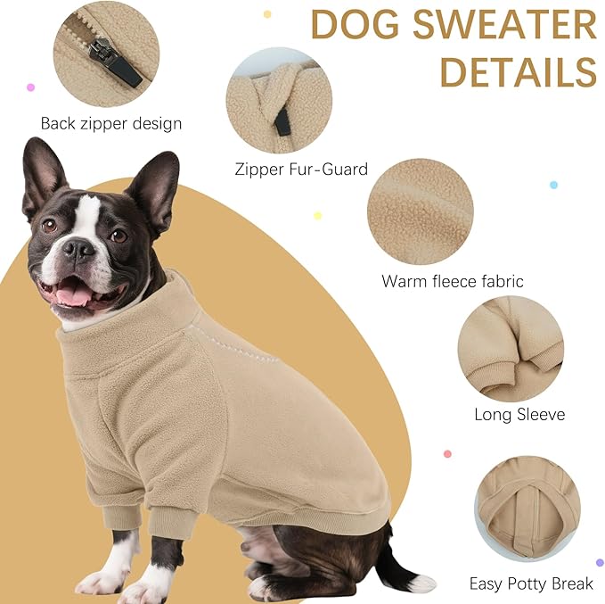 BRKURLEG Dog Sweater, Turtleneck Thick Dogs Sweatshirts Fleece Sweater, Dog Winter Coat for Small Medium Large Dogs, Pet Warm Sweaters with Zipper, Pullover Jacket with Sleeve (Light Coffee, XS)