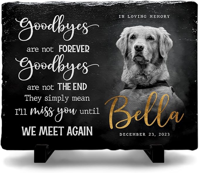 Custom Rectangular Memorial Stone - 'Goodbyes are Not Forever' - Dog House Outdoor Garden Decor, Photo Design - Meaningful Gifts for Cat Lovers Mourning a Pet