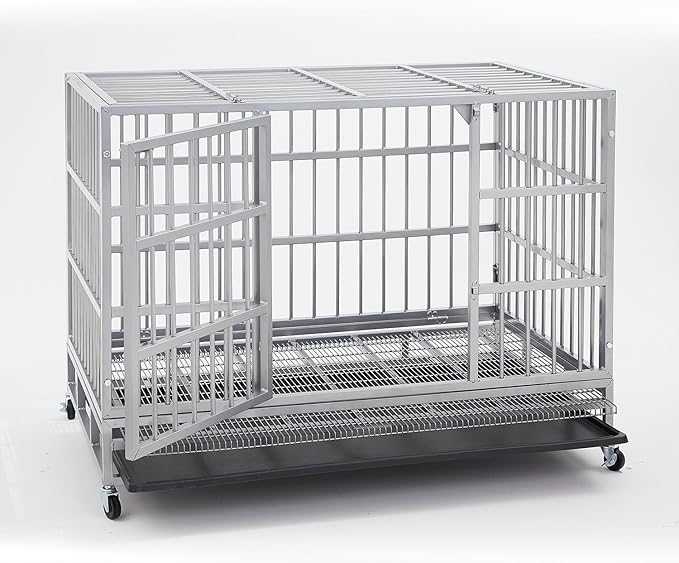 Heavy Duty Indestructible XL Dog Crate Steel Escape Proof, Indoor Double Door High Anxiety Cage (48-Inch-Silver)