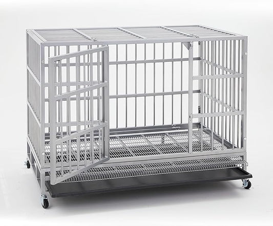 Heavy Duty Indestructible XL Dog Crate Steel Escape Proof, Indoor Double Door High Anxiety Cage (48-Inch-Silver)