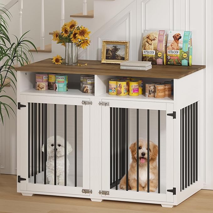 Furniture Dog Crate for 2 Dogs, 41 Inch Dog Kennel Furniture with Removable Divider and Shelf Storage, Wooden Dog Crate for Small/Medium Dogs, White