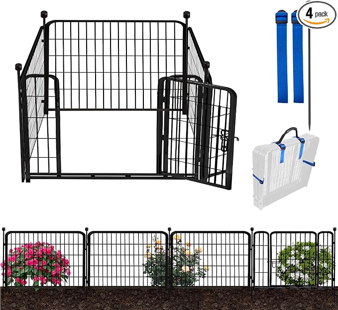 ADAVIN Dog Playpen Outdoor, 24in(H) x 9.8Ft(L) 4 Panels Animal Fence for Yard, Low Threshold Gate,Black Metal Garden Fencing, Temporary Fence for Puppy and Small Dogs, Dog Play Pen for RV Camping