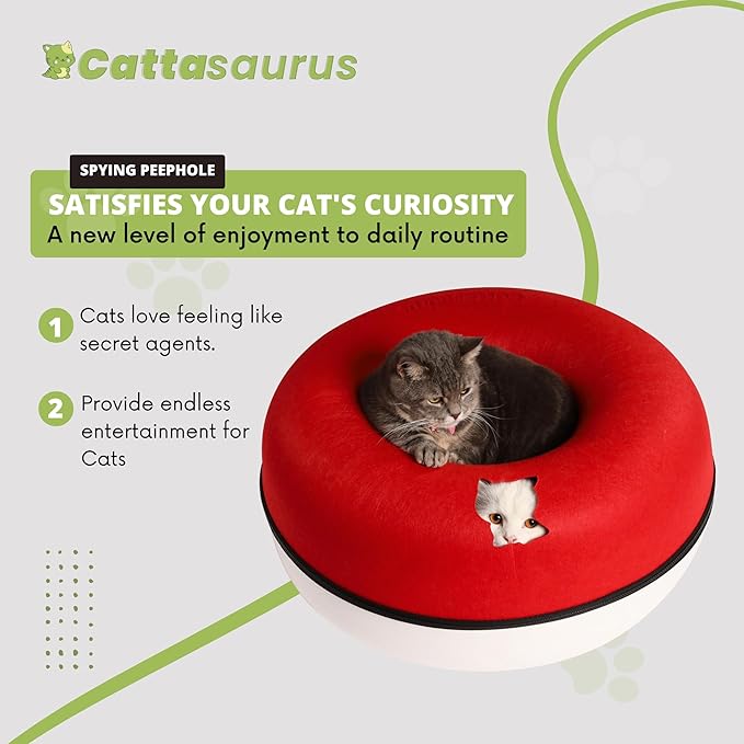 Cattasaurus Peekaboo Cat Cave, Extra Spacious for Multiple & Large Cats 12+ lbs, Scratch Detachable Cat Beds for Indoor Cats, Washable Tunnel Bed, Comfy Cat Donut Tunnel (Ruby Snowball, Jumbo)