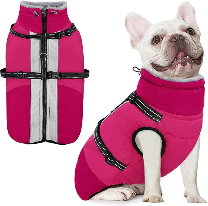 AOFITEE Dog Coat for Small Dogs, Warm Dog Winter Jacket with Harness Built in, Waterproof Small Winter Coat Dogs Reflective Cold Weather Coats for Chihuahua, Yorkshire, Hot Pink XS