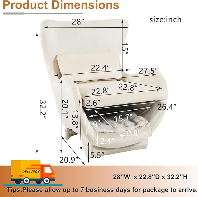 Velvet Chair with Cat Bed for Cats Lover, Pet-Friendly Wing Back Single Sofa with Pet Nest for Living Room, White.