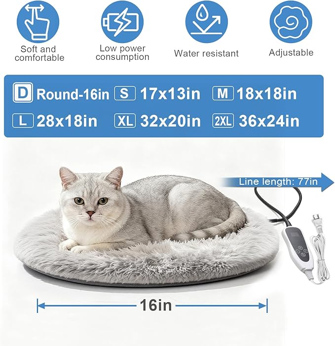 Cat Heating Pad, 16 in Round Pet Heating Pad,Cat Blankets for Indoor Cats Smart Temperature Control Switch Electric Steel Wire Protection Tube Plush Fabric Cover - Grey