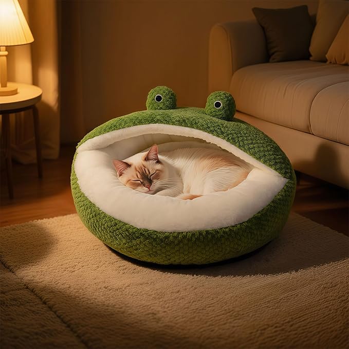 CWV Cute Cat Beds Kitten Beds, Soft Small Dog Beds, Washable Pet Beds for Puppy and Kitty, Funny Frog Cat Cave, 23 Inches