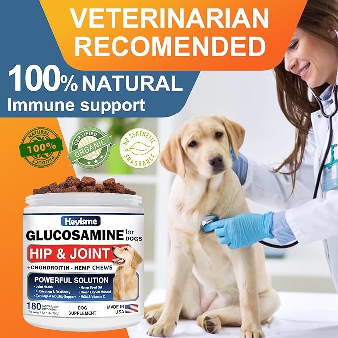 Glucosamine for Dogs, 180 Chews Hip and Joint Supplement for Dogs, Glucosamine Chondroitin, MSM Hemp Dog Joint Pain Relief, Dog Joint Supplement Health Mobility Support (180 Chews, Bacon)